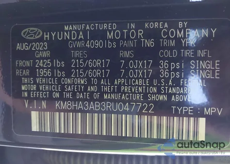 2024 Hyundai Kona Se z USA, uszkodzony, nr VIN KM8HA3AB3RU047722